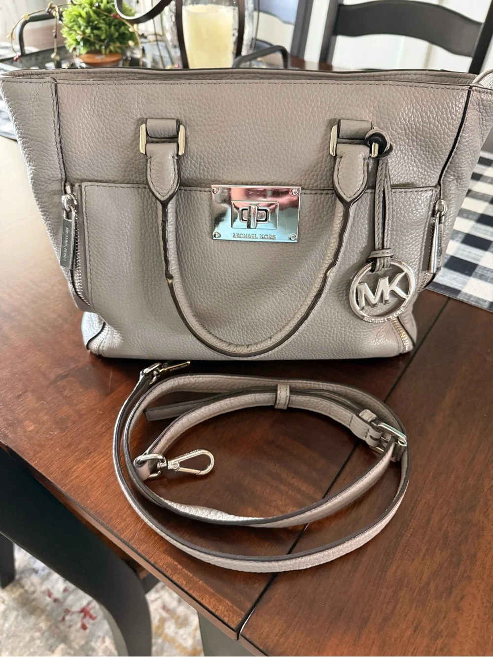 Michael Kors Silver-Gray Pebbled Leather Satchel with MK Charm